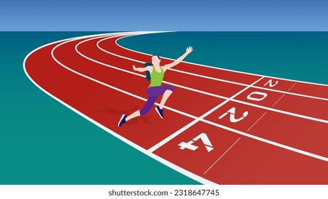 Happy running woman on number 2024 athletics track, New Year concept flat illustration vector.