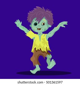Happy running zombie boy without an eye. Cartoon Vector illustration in a single layer without gradients.