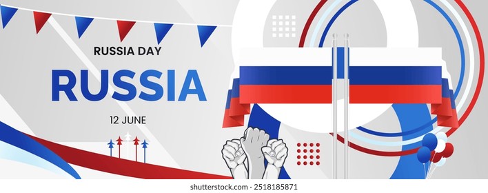 Happy Russia Day Banner. Latest horizontal poster with Russian flag, raised fist and typography. Modern abstract art for national holiday greeting cards, web headers and sporting events.