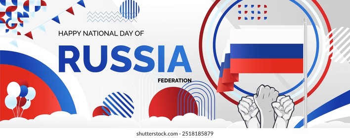 Happy Russia Day Banner. Latest horizontal poster with Russian flag, raised fist and typography. Modern abstract art for national holiday greeting cards, web headers and sporting events.