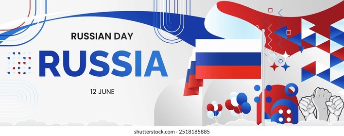 Happy Russia Day Banner. Latest horizontal poster with Russian flag, raised fist and typography. Modern abstract art for national holiday greeting cards, web headers and sporting events.