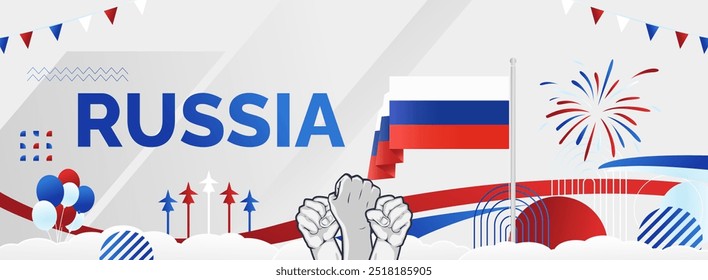 Happy Russia Day Banner. Latest horizontal poster with Russian flag, raised fist and typography. Modern abstract art for national holiday greeting cards, web headers and sporting events.