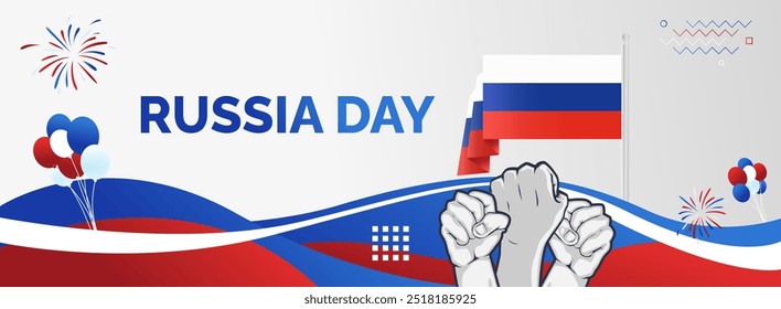 Happy Russia Day Banner. Latest horizontal poster with Russian flag, raised fist and typography. Modern abstract art for national holiday greeting cards, web headers and sporting events.