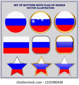 Happy Russia day buttons. Bright background with buttons with flag of Russia. Colorful buttons with russian flag. Vector illustration.
