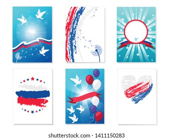 Happy Russia Day gift cards template vector set. Greeting card of Russia Day Holiday, 12 june, 23 February. Postcard, banner, poster templates, design concept. Tricolor flag, dove, balloon, dandelion