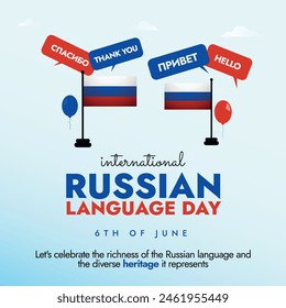 Feliz Día del Idioma Ruso. El 6 de junio es el Día del Idioma Ruso. Publicación en medios sociales de cultura rusa con bandera, globos y burbujas de palabras rusas.