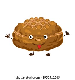happy rye bread character isolated on white background. funny and cute food character vector illustration. cartoon bakery pastry food with smiling face. bread on on two legs with arms, eyes and mouth.
