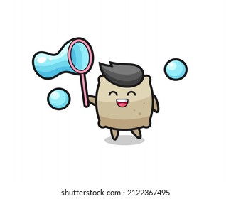 happy sack cartoon playing soap bubble , cute style design for t shirt, sticker, logo element