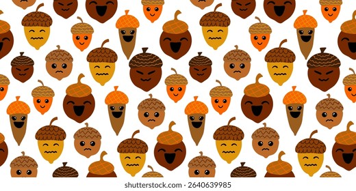 happy and sad acorns pattern emotional cartoon nuts in colorful autumn palette on white backdrop funny seamless texture for children and nursery design