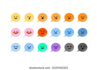 Feliz, triste, irritado, tímido, cansado, emoji doente face emoticon definido. Bolha de fala de Emoji com humor diferente. Sensação, emoção, conceito de expressão facial. Ilustração isolada de design de vetor de caractere plano.