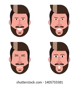 Happy, sad, angry and surprised emotions set person icon man face with moustache and beard flat design vector illustration