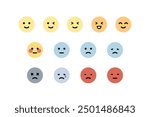 Happy, sad, angry, tired emoji face emoticon set. Round emoji with different mood. Feeling, emotion, facial expression concept. Flat cartoon character vector design isolated illustration.