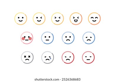 Happy, sad, angry, tired emoji face emoticon set. Round emoji with different mood. Feeling, emotion, facial expression concept. Outlined cartoon character vector design isolated illustration.