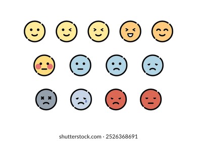 Happy, sad, angry, tired emoji face emoticon set. Round emoji with different mood. Feeling, emotion, facial expression concept. Colored outline cartoon character vector design isolated illustration.