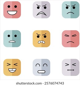 Happy, sad, angry, tired emoji face emoticon set. Round emoji with different mood. Feeling, emotion, facial expression concept. Flat cartoon character vector design isolated illustration.