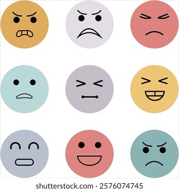 Happy, sad, angry, tired emoji face emoticon set. Round emoji with different mood. Feeling, emotion, facial expression concept. Flat cartoon character vector design isolated illustration.