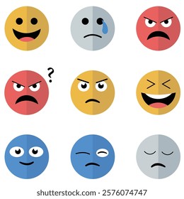 Happy, sad, angry, tired emoji face emoticon set. Round emoji with different mood. Feeling, emotion, facial expression concept. Flat cartoon character vector design isolated illustration.