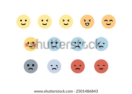 Happy, sad, angry, tired emoji face emoticon set. Round emoji with different mood. Feeling, emotion, facial expression concept. Flat cartoon character vector design isolated illustration.