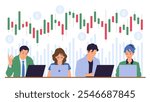 Happy and sad bitcoin investor, lose or win in cryptocurrency market. Characters sitting at laptop with candle bar chart down and up, bad or good graph news for traders cartoon vector illustration