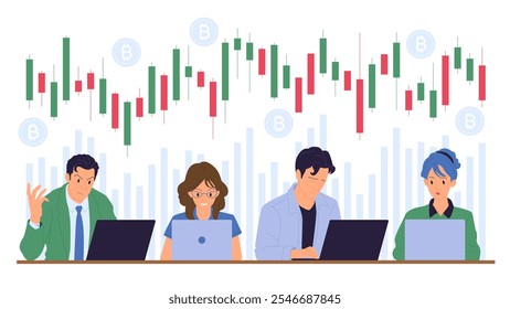 Inversor feliz y triste de bitcoin, pierda o gane en el mercado de criptomonedas. Personajes sentados en la computadora portátil con gráfico de barras de velas hacia abajo y hacia arriba, malas o buenas noticias de gráficos para comerciantes Ilustración vectorial de dibujos animados