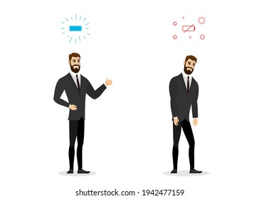 Happy and sad boring businessman comparison. Business man professional burnout syndrome. Exhausted sick tired male manager walking. Frustrated worker mental health problems. Long work illustration