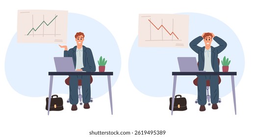 Homem de negócios feliz e triste de subir e cair gráfico. Infográfico de sucesso e fracasso de negócios. Homem sentado à mesa do computador. Crescimento do projeto de inicialização. Bolsa de valores