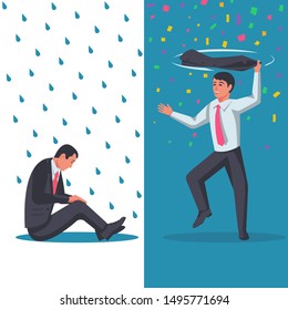 Happy and sad businessmen. Positive and angry people. Cartoon character. Dancing and crying in the rain. Vector illustration flat design. Isolated on white background. Smile and sadness.