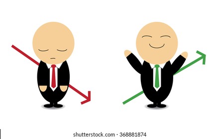 Happy and sad businessmen, sales growth and drop, success and failure