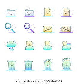 Happy and sad cartoon of computer icon set include folder, cloud, trash, mail and search.