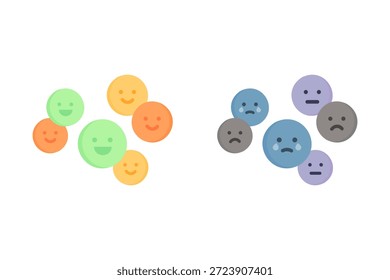 Caras de dibujos animados felices y tristes. Salud mental, ansiedad, mente, estrés, sentimiento, psicología, concepto de enfermedad. Ilustración aislada de diseño de Vector plano.