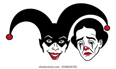 Happy and sad clown. Harlequin and Pierrot. Commedia dell arte opposite characters. Vector isolated illustration. Black and red colors.