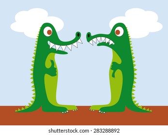Happy and sad crocodile / dragon - vector illustration