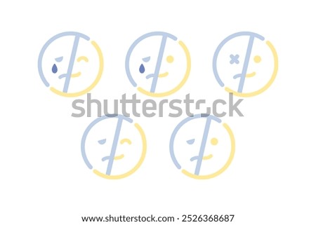 Happy and sad crying emoji face icon. Mental health, feeling, emotion, bipolar disorder, burnout concept. Outline cartoon character vector design isolated illustration.