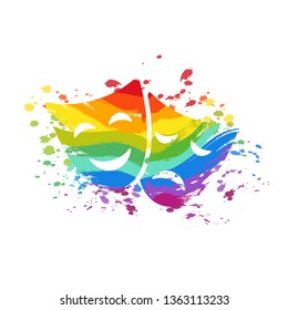 Happy and sad drama mask with colorful rainbow paint splash isolated on white