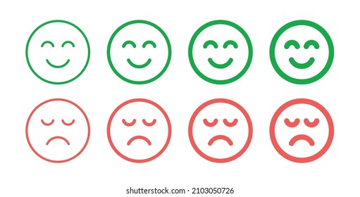 Happy and sad emoji face icon set. Feedback symbol isolated on white background.