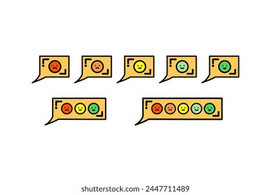 Contento y triste Emoji cara escala discurso conjunto de burbujas. Cliente Comentarios, calificación, emoción, concepto de evaluación. Ilustración de diseño de Vector plano aislado sobre fondo blanco.