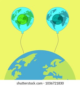 Happy and sad emoji inside two balloons rising over the world, meaning that we are not in the same world. People live in their own world concept. Vector illustration.