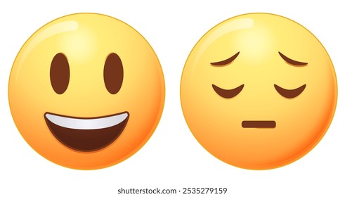 Happy and sad emoji vector icon in cartoon style. Face smile icon positive, negative neutral opinion vector signs symbol. Smiles set. Simple cartoon shape happy and sad emotion logo