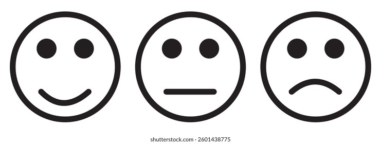 Happy and sad emoji vector icon. Face smile icon positive, negative neutral opinion vector signs symbol. Simple flat shape happy and sad emotion logo. EPS 10.