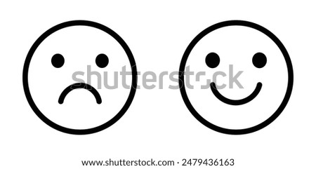 Happy and sad emoji vector icon. Face smile icon positive, negative neutral opinion vector signs symbol. Simple flat shape happy and sad emotion logo.