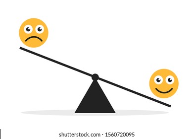 Happy and sad emoticons are comparing weight and power on scale and seesaw. Upper and lower position. Vector illustration isolated on white
