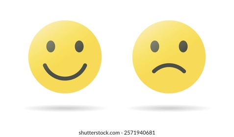 Happy and sad face emoji icon in flat style. Smile and frown facial emoticon sign symbol