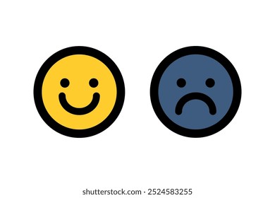 Happy and sad face icon set. Feeling, emotion, facial expression concepts. Colored outline vector design isolated illustration.