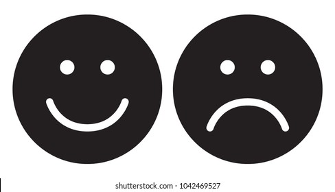 Happy and sad face icons. Smiley. Face symbols. Flat stile. Black and white vector illustration.