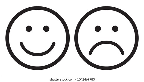 Happy and sad face icons. Smiley. Face symbols. Flat stile. Black and white vector illustration.