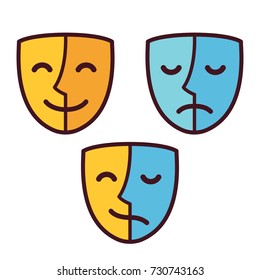 Happy and sad face mask icons, half happy and half sad. Bipolar or borderline personality disorder psychology concept vector illustration.