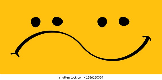 Cara feliz y triste. Sonreír y pesar, las emociones de alegría y decepción, no te preocupes, sé feliz. Cara feliz y tristemente emoji. Señal de felicidad y tristeza en dibujos animados vectores. Iconos sonrientes.