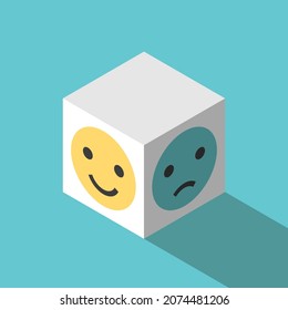 Happy and sad faces on cube. Feedback, hiding and suppressing negative emotions, psychology and bipolar disorder concept. Flat design. EPS 8 vector illustration, no transparency, no gradients