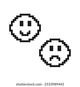 Happy and Sad Faces Pixelated Icon. Pixel Art of Positive and Negative Emotions. Feedback or Mood Symbol. Isolated Vector Illustration.