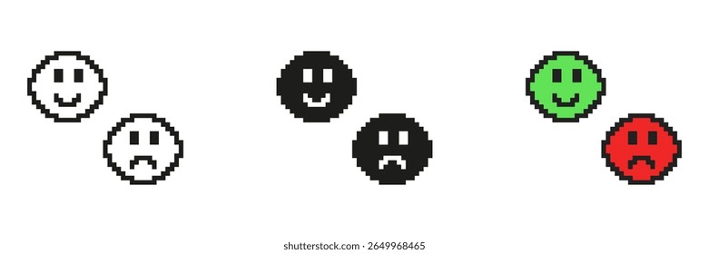 Happy and Sad Faces Pixelated Icon Set. Pixel Art of Positive and Negative Emotions. Feedback or Mood Symbol. Isolated Vector Illustration.